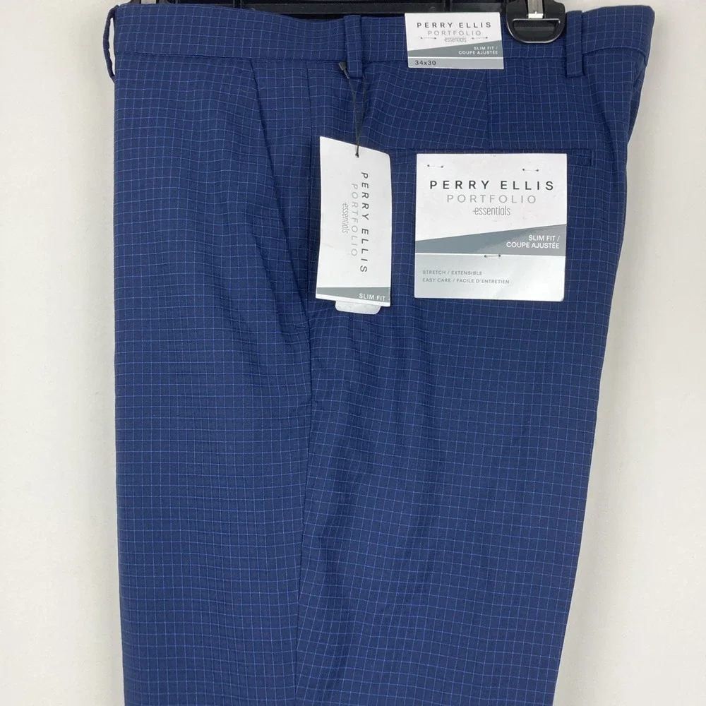 Perry Ellis Mens Modern fit Dress Pants 34W 30L Blue Micro Plaid Stretch